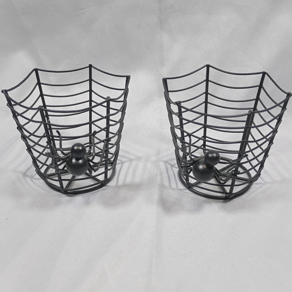 Set of 2 Black Metal Spider Web Wire Baskets Halloween Gothic Decor 3.5in
